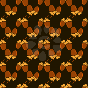 Ripe Acorn Seamless Pattern on Dark Background. Autumn Oak Nut and Seed Texture