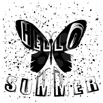 Typography Design of Print with Butterfly Silhouette on Grunge Background. Insect Quote Banner. Hello Summer Template