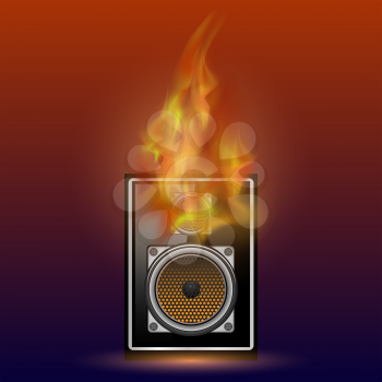 Musical Black Speaker and Firre Flame Isolated on Blurred Red Blue Background