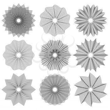 Set of Circle Geometric Ornaments. Guilloche Rosettes Isolated. Ornamental Round Decor