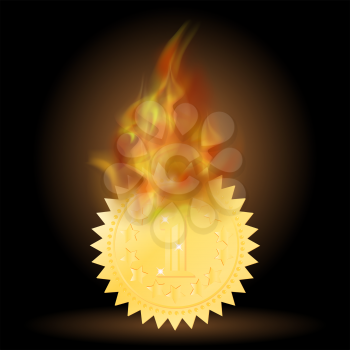 Burning Gold Medal Icon with Fire Flame Isolated on Black Background