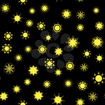 Yellow Sun Random Seamless Pattern on Black Background