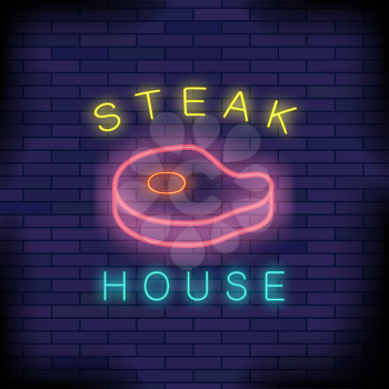 Burger House Neon Colorful Sign on Dark Blue Brick Background