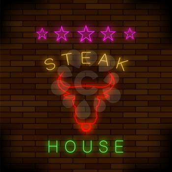 Steak House Neon Colorful Sign on Dark Brick Background