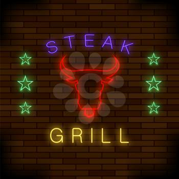 Steak House Neon Colorful Sign on Dark Brick Background
