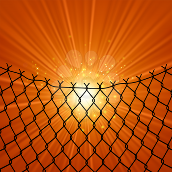 Sun and Wire Barb on Orange Background. Freedom Concept. Peace Day.