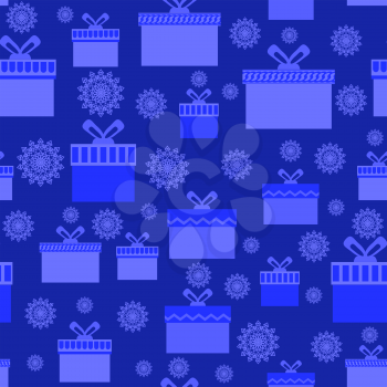 Blue Wrapping Christmas Seamless Paper with Different Boxes and Snowflakes for Gift.