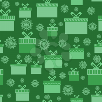 Green Wrapping Christmas Seamless Paper with Different Boxes and Snowflakes for Gift.