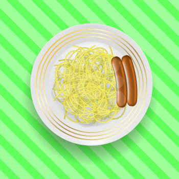 Realistic Boiled Sausages with Spaghetti on Green Line Background
