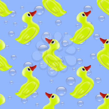 Funny Rubber Yellow Duck Seamless Pattern on Blue Bubble Background for Fabric and Decor
