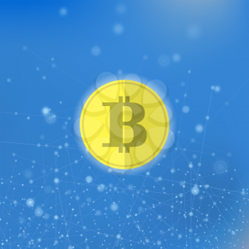 Yellow Bitcoin Icon on Blue Background. Crypto Currency Concept