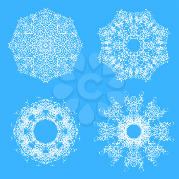 Set of Different Winter White Snowflakes Isolated on Blue Background.