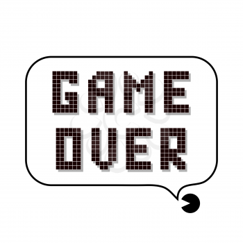 Retro Pixel Game Over Sign with Speech Bubble on White Background. Gaming Concept. Video Game Screen.