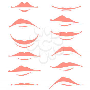 Cartoon Smile Logo Isolated on White Background. Set of Pink Female Mouth. Lips Collection. Different Facial Expression. Human Sense for Taste. Dentalcare Illustration for Logo
