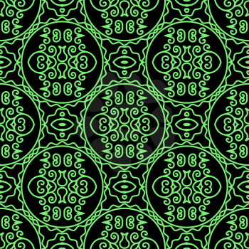 Green Floral Pattern Isolated on Black Background.