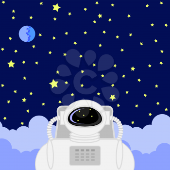 Astronaut Icon on Starry Sky Background. Spaceman Flat Design. Travel of Cosmonaut.
