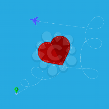 Airplane Flying on Blue Sky Background. Dotted Route Path with Red Heart. Concept of Aviation.