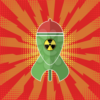 Green Atomic Bomb with Radiation Sign on Red Background. Nuclear Rocket. Weapon Icon. Explode Flash, Cartoon Explosion, Nuclear Burst.