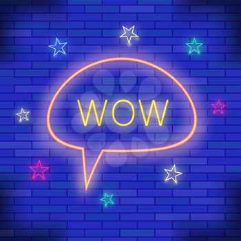 WOW Neon Light. Blue Brick Wall Background. Colorful Starry Pattern with Cartoon Speech Bubble.