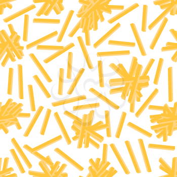 Yellow French Fries Texture. Fry Potato Chips Seamless Pattern on White Background. Slices of Tasty Vegetable. Fast Food Snack. Organic Food. 3d Illustration.