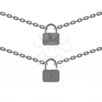 Chain and Closed Opened Lock Isolated on White Background.