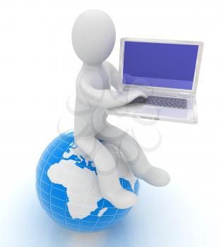 3d man sitting on earth and working at his laptop on a white background