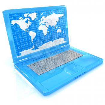 Laptop with world map on screen on a white background