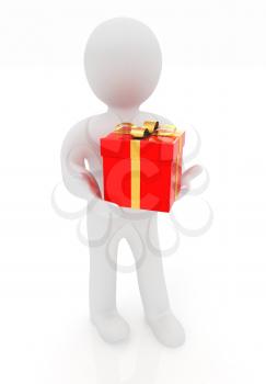 3d man gives red gift with gold ribbon on a white background