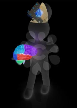 3d people - man with half head, brain and trumb up. Idea concept with puzzle