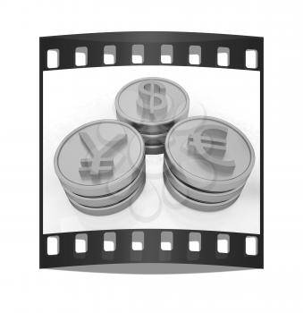 gold coins with 3 major currencies on a white background. The film strip