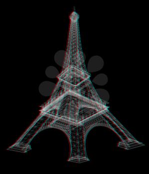 3d Eiffel Tower render. 3D illustration. Anaglyph. View with red/cyan glasses to see in 3D.