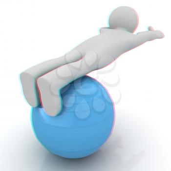 3d man exercising position on fitness ball. My biggest pilates series. 3D illustration. Anaglyph. View with red/cyan glasses to see in 3D.