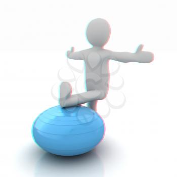 3d man exercising position on fitness ball. My biggest pilates series. 3D illustration. Anaglyph. View with red/cyan glasses to see in 3D.