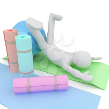 3d man on a karemat with fitness ball. 3D illustration