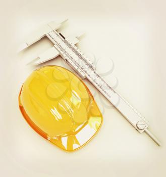 Vernier caliper and yellow hard hat 3d on a white background. 3D illustration. Vintage style.