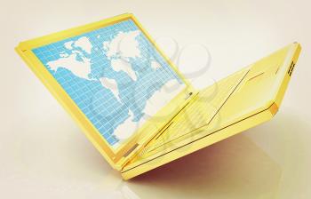 Gold laptop with world map on screen on a white background. 3D illustration. Vintage style.
