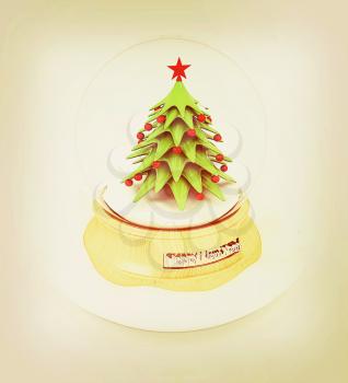 Christmas Snow globe with the falling snow and christmas tree on a white background. 3D illustration. Vintage style.