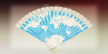 Colorful hand fan isolated on gray . 3D illustration. Vintage style.