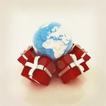 Traditional Christmas gifts and earth on a white background. Global holiday concept . 3D illustration. Vintage style.