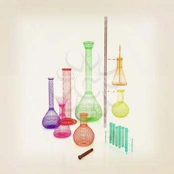 Chemistry set, with test tubes, and beakers filled with colored liquids. 3D illustration. Vintage style.