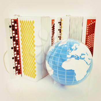 Musical instruments - bayans and Earth. Global musical concept. 3D illustration. Vintage style.