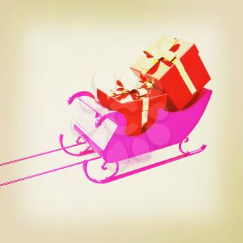 Christmas Santa sledge with gifts on a white background . 3D illustration. Vintage style.