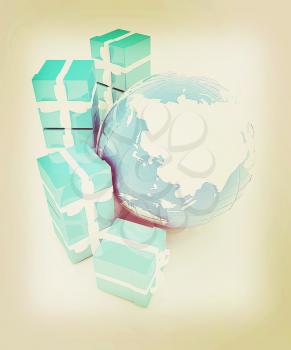 Traditional Christmas gifts and earth on a white background. Global holiday concept . 3D illustration. Vintage style.