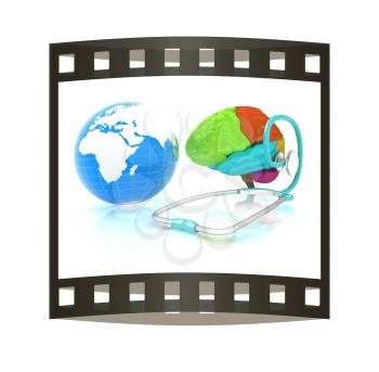 stethoscope, globe, brain - global medical concept. 3d illustration. The film strip