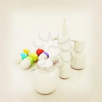 Syringe, tablet, pill jar. 3D illustration