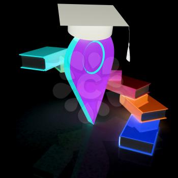 Pointer of education in graduation hat with books around. 3d illustration