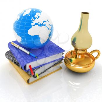 Classic global scene with Earth, kerosene lamp and notebooks. 3d render