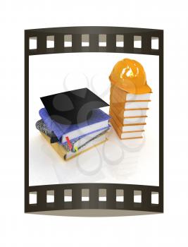 Hard hat and graduation hat on a leather books and notes. The concept of edication for work. 3d render. Film strip.