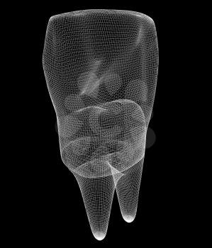 Mesh model of tooth. 3d illustration. On a black background.