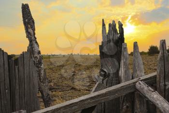 Old wooden fence. Close-up with stubble into the sunset background behind